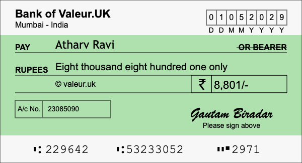 How to write a cheque for 8,801 rupees