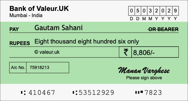 How to write a cheque for 8,806 rupees How to write a cheque for 8,806 rupees