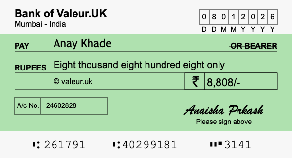 How to write a cheque for 8,808 rupees