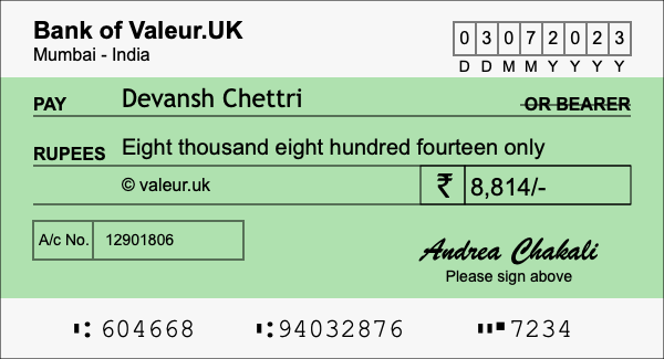 How to write a cheque for 8,814 rupees