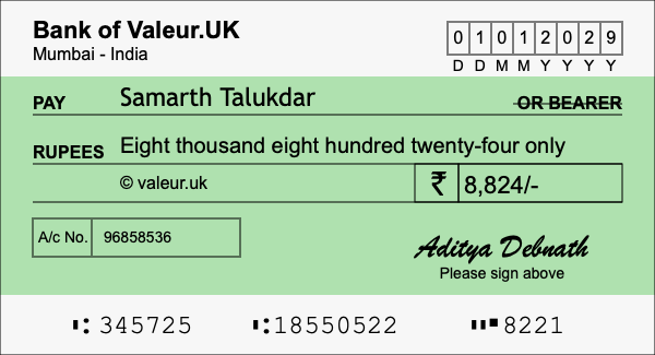 How to write a cheque for 8,824 rupees