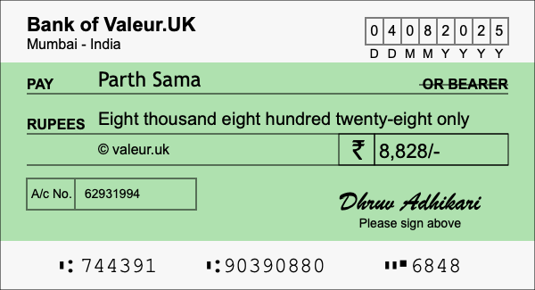 How to write a cheque for 8,828 rupees