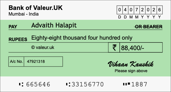 How to write a cheque for 88,400 rupees