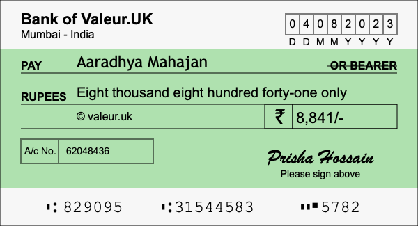 How to write a cheque for 8,841 rupees