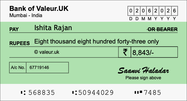 How to write a cheque for 8,843 rupees