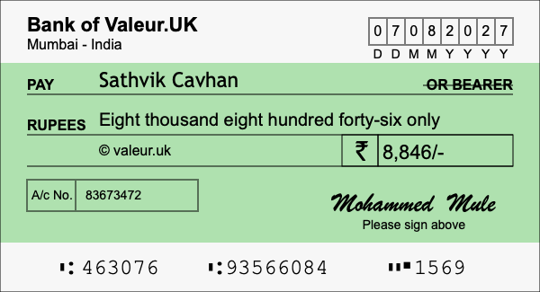 How to write a cheque for 8,846 rupees