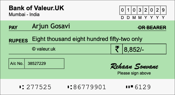 How to write a cheque for 8,852 rupees