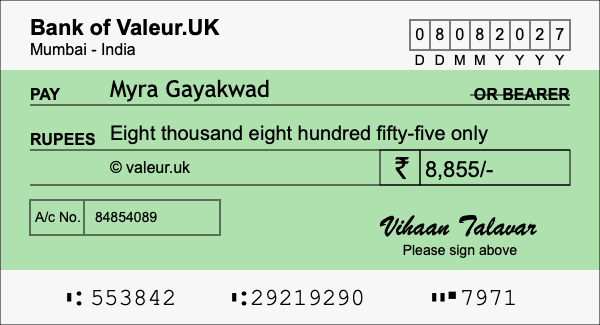 How to write a cheque for 8,855 rupees