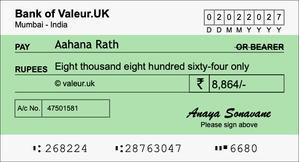 How to write a cheque for 8,864 rupees