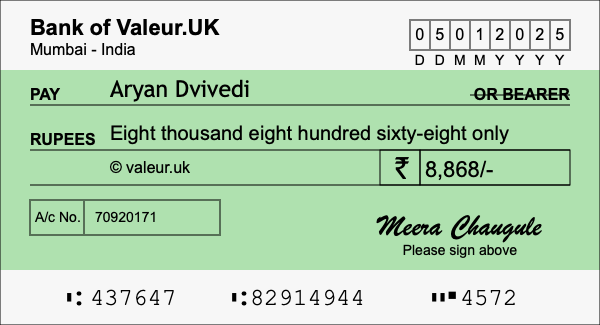 How to write a cheque for 8,868 rupees