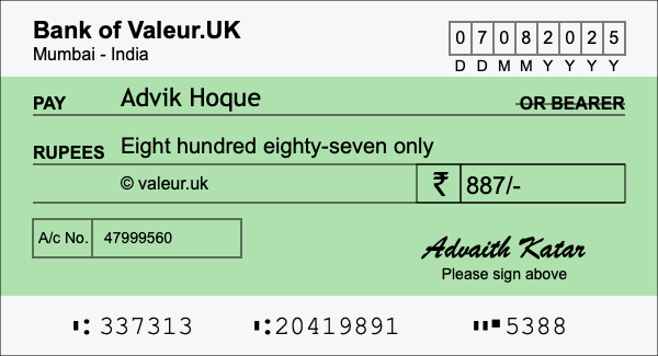 How to write a cheque for 887 rupees