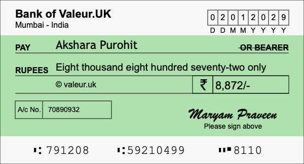 How to write a cheque for 8,872 rupees