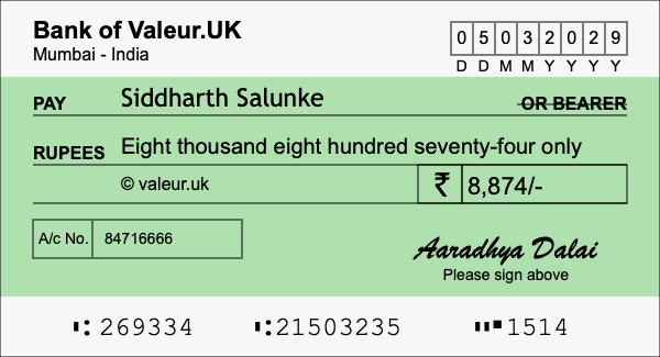 How to write a cheque for 8,874 rupees