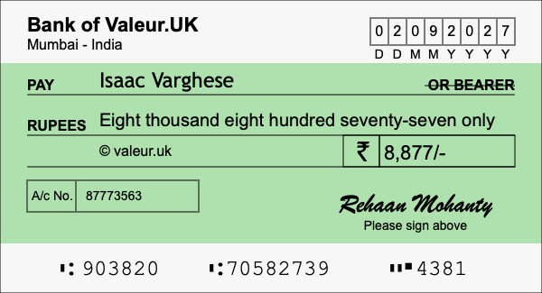 How to write a cheque for 8,877 rupees