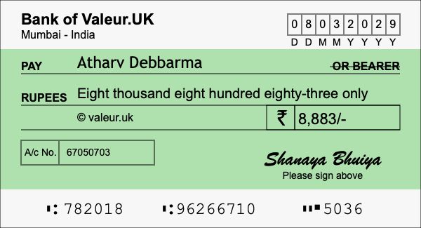 How to write a cheque for 8,883 rupees