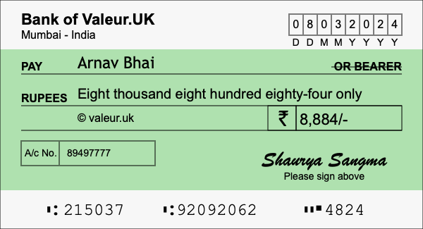 How to write a cheque for 8,884 rupees How to write a cheque for 8,884 rupees