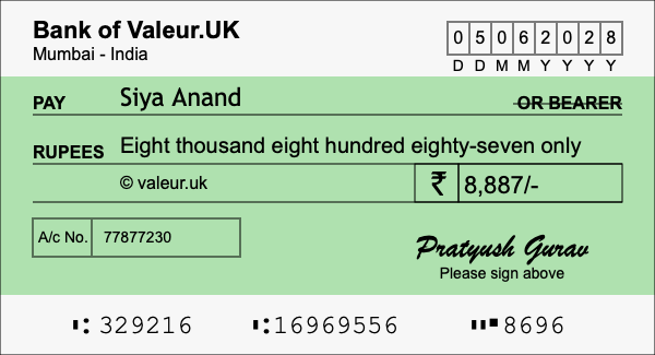 How to write a cheque for 8,887 rupees