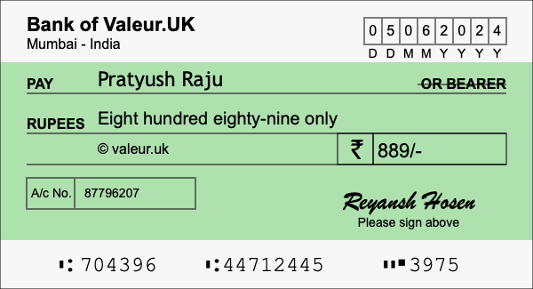 How to write a cheque for 889 rupees