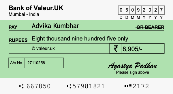 How to write a cheque for 8,905 rupees