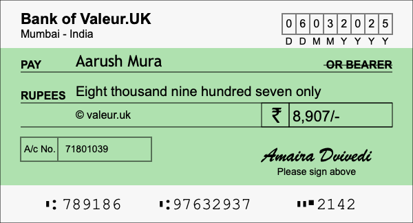How to write a cheque for 8,907 rupees