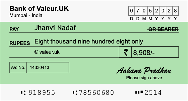 How to write a cheque for 8,908 rupees