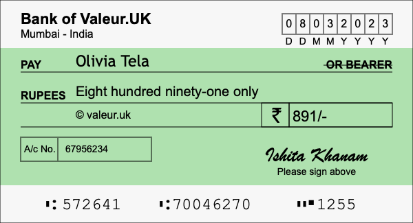 How to write a cheque for 891 rupees