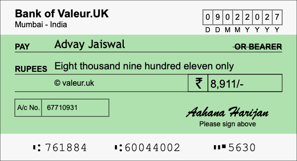 How to write a cheque for 8,911 rupees