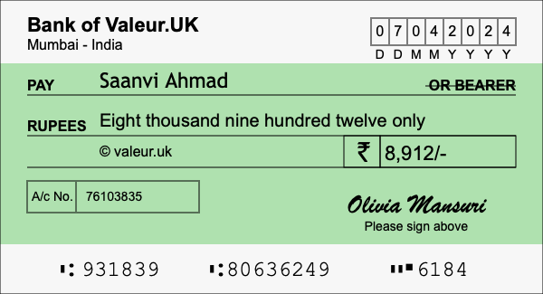 How to write a cheque for 8,912 rupees