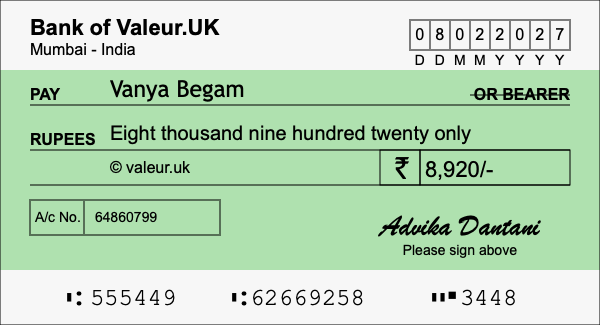 How to write a cheque for 8,920 rupees