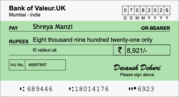 How to write a cheque for 8,921 rupees