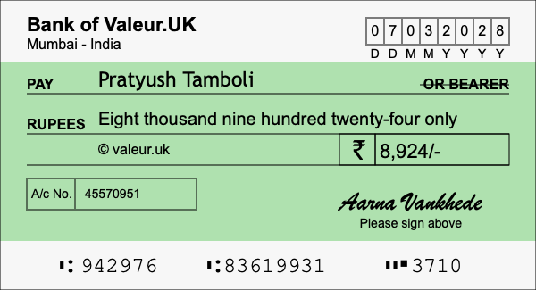 How to write a cheque for 8,924 rupees
