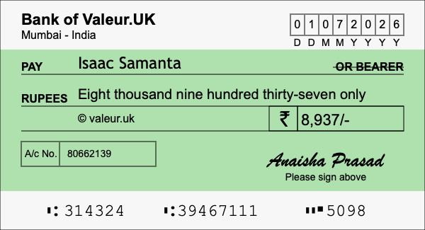 How to write a cheque for 8,937 rupees How to write a cheque for 8,937 rupees