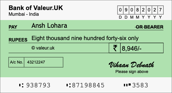 How to write a cheque for 8,946 rupees