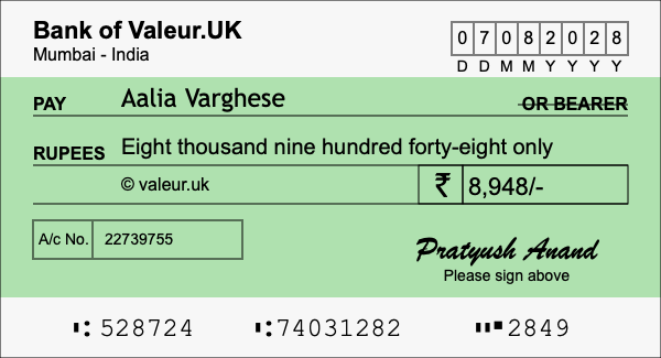 How to write a cheque for 8,948 rupees How to write a cheque for 8,948 rupees