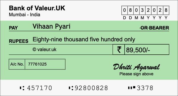 How to write a cheque for 89,500 rupees