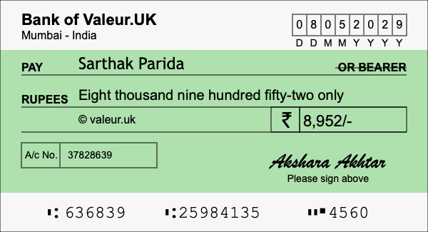 How to write a cheque for 8,952 rupees