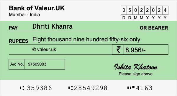 How to write a cheque for 8,956 rupees