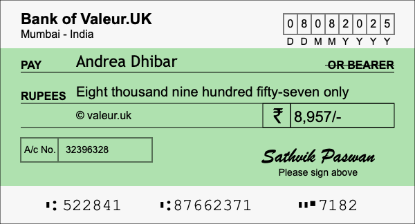 How to write a cheque for 8,957 rupees