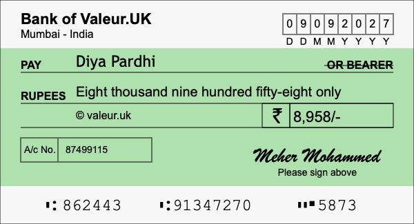 How to write a cheque for 8,958 rupees
