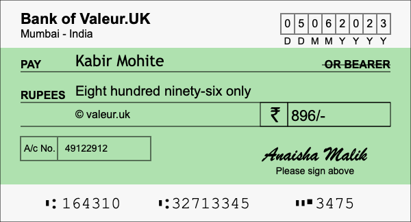 How to write a cheque for 896 rupees