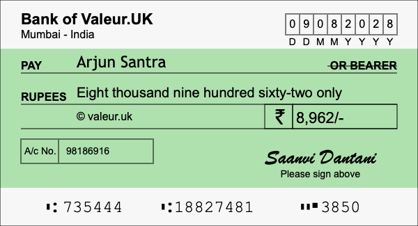 How to write a cheque for 8,962 rupees