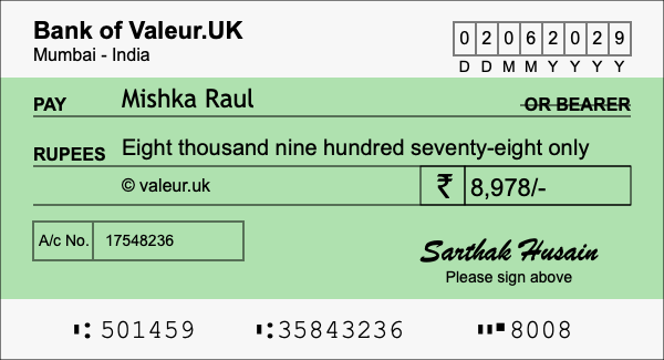 How to write a cheque for 8,978 rupees How to write a cheque for 8,978 rupees