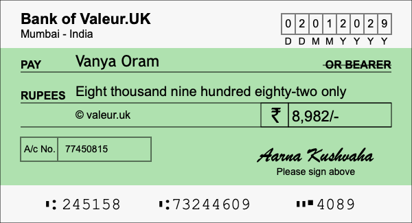 How to write a cheque for 8,982 rupees