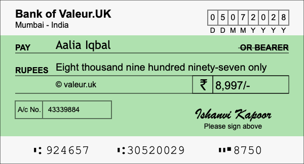 How to write a cheque for 8,997 rupees