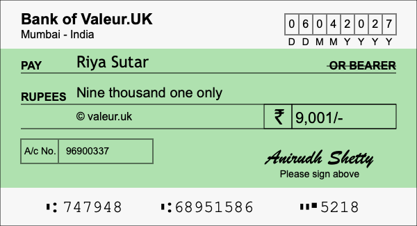 How to write a cheque for 9,001 rupees