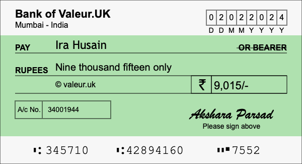 How to write a cheque for 9,015 rupees
