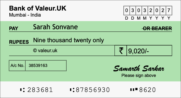 How to write a cheque for 9,020 rupees