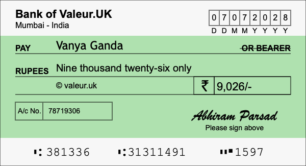 How to write a cheque for 9,026 rupees