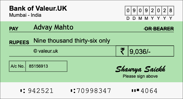 How to write a cheque for 9,036 rupees How to write a cheque for 9,036 rupees