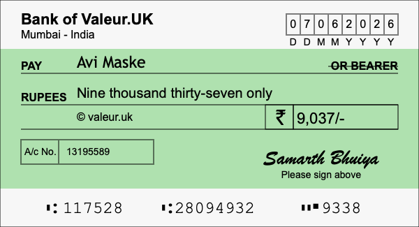 How to write a cheque for 9,037 rupees How to write a cheque for 9,037 rupees